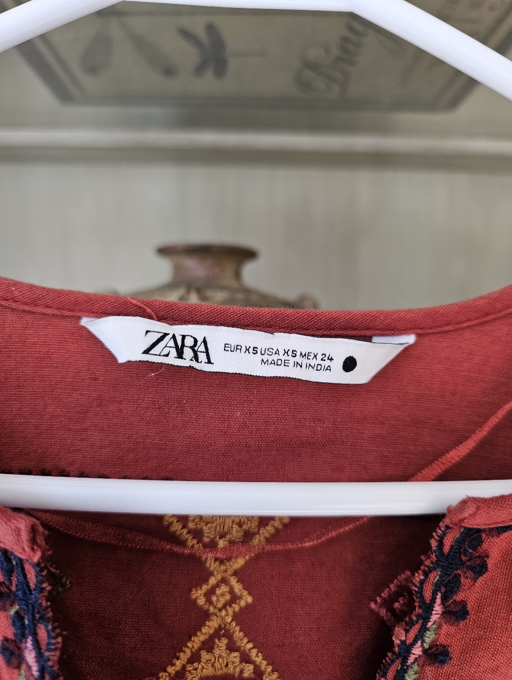 Zara Linen Bkend Burnt Orange Embroidered Tassel Shirt - Picture 8 of 8